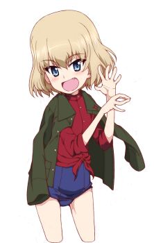 Rule 34 | 1girl, blonde hair, blue eyes, blue one-piece swimsuit, bob cut, commentary, cowboy shot, cropped legs, fang, girls und panzer, green jacket, highres, jacket, jacket on shoulders, katyusha (girls und panzer), kayabakoro, long sleeves, looking at viewer, old school swimsuit, one-piece swimsuit, open mouth, pravda school uniform, red shirt, school swimsuit, school uniform, shadow puppet, shirt, short hair, simple background, smile, solo, standing, swimsuit, swimsuit under clothes, tied shirt, turtleneck, turtleneck shirt, white background