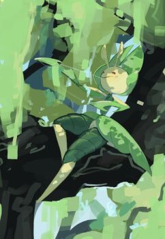 1other :> antennae arthropod_limbs blue_background closed_mouth colored_skin draw_pann33 full_body furry gen_5_pokemon green_skin highres in_tree leavanny multicolored_skin nintendo pokemon pokemon_(creature) red_eyes simple_background sitting thread tree yellow_skin