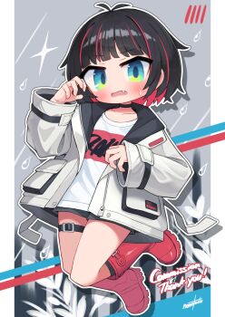 1girl black_hair blush boots choker commentary_request commission fang full_body highres jacket long_sleeves multicolored_hair nanatsuta open_clothes original shirt shorts skeb_commission solo thigh_strap white_shirt