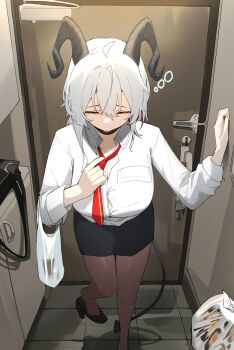 1girl absurdres adjusting_clothes adjusting_necktie alternate_costume bag bags_under_eyes black_choker black_horns black_pantyhose black_shoes black_skirt black_tail button_gap choker closed_eyes closed_mouth collarbone collared_shirt commentary curled_horns demon_tail elbow_carry exhausted highres horns indoors mole mole_under_eye necktie nun178089 office_lady pantyhose plastic_bag red_necktie shirt shoes skirt sleepy solo squeans tail white_shirt wuthering_waves zani_(wuthering_waves)