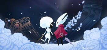 2girls arthropod_girl black_eyes black_skin cloak colored_skin flower full_body hashtag-only_commentary heart highres holding holding_hands holding_weapon hollow_eyes hollow_knight hollow_knight:_silksong horned_mask hornet_(hollow_knight) horns lace_(hollow_knight) mask mokito_ou multiple_girls needle_(hollow_knight) red_cloak standing weapon white_flower white_mask