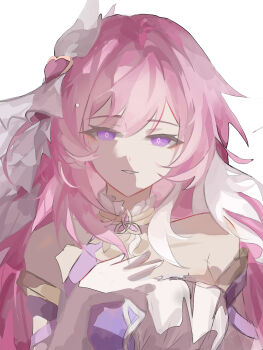 1girl ah_zhi bare_shoulders breasts chinese_commentary commentary_request corset diamond-shaped_pupils diamond_(shape) elysia_(herrscher_of_human:_ego)_(honkai_impact) elysia_(honkai_impact) highres honkai_(series) honkai_impact_3rd large_breasts long_hair looking_at_viewer multicolored_hair parted_lips pink_hair purple_eyes simple_background smile solo symbol-shaped_pupils triquetra two-tone_hair upper_body veil very_long_hair white_background white_corset white_hair white_veil