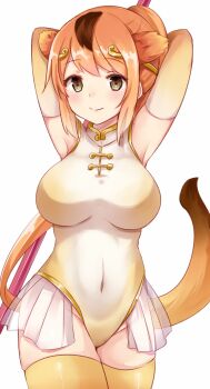 10s 1girl animal_ears arm_behind_head armpits arms_up blush breasts brown_eyes chiune_(yachi) circlet covered_navel elbow_gloves female_focus gloves golden_snub-nosed_monkey_(kemono_friends) groin highleg highleg_leotard highres holding holding_staff kemono_friends large_breasts leotard long_hair monkey monkey_ears monkey_tail orange_hair ponytail simple_background skirt sleeveless smile solo staff tail thighhighs white_background
