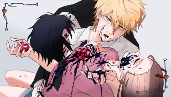 1girl 2boys alien_stage black_blood black_hair black_jacket blonde_hair blood brown_eyes chainsaw_man commentary demon_girl demon_horns denji_(chainsaw_man) gem hayakawa_aki heart-shaped_gem highres holding holding_gem horns jacket kouchagozen22 multiple_boys open_mouth pink_shirt power_(chainsaw_man) sharp_teeth shirt short_hair teeth white_shirt