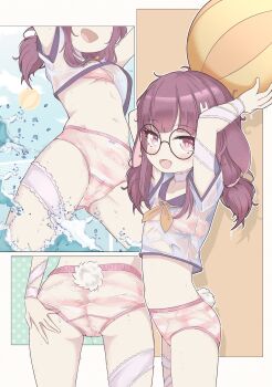 1girl absurdres arms_up ass ball beachball bra breasts brown_hair cameltoe fake_tail fallenshadow flat_cap glasses gluteal_fold hand_on_own_ass hat highres huge_filesize indie_virtual_youtuber leg_ribbon legs_apart loli long_hair multiple_views navel no_pants open_mouth outdoors panties pettan_(zeez4743) pink_bra pink_eyes pink_panties rabbit_tail ribbon shirt short_sleeves small_breasts smile striped_bra striped_clothes striped_panties tail thigh_ribbon thighs twintails underwear virtual_youtuber wading water white_shirt