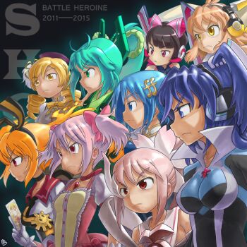 Rule 34 | 6+girls, aqua hair, black hair, blonde hair, blue eyes, bow, bowtie, card, crossover, drill hair, flower ornament, gen'ei wo kakeru taiyou, hair ornament, headphones, heei juun, highres, hime cut, holding, holding card, kaname madoka, kaname madoka (magical girl), kazanari tsubasa, magical girl, mahou shoujo madoka magica, mahou shoujo madoka magica (anime), mega man (classic), mega man (series), mega man 9, miki sayaka, miki sayaka (magical girl), multiple crossover, multiple girls, orange hair, pink bow, pink bowtie, pink hair, red eyes, sailor collar, school uniform, senki zesshou symphogear, serious, short hair, tachibana hibiki (symphogear), taiyou akari, taiyou akari (tenebrae mode), tarot, tarot card, tomoe mami, tomoe mami (magical girl), tsukuyomi shirabe, vividred operation, yellow eyes, yuuki yuuna, yuuki yuuna wa yuusha de aru, yuusha de aru