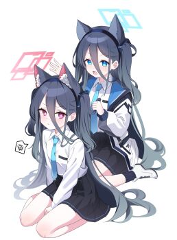 2girls absurdres alternate_hairstyle animal_ear_fluff animal_ears aqua_halo aris_(blue_archive) between_legs black_hair black_hairband black_skirt black_socks blue_archive blue_eyes blue_jacket blue_necktie blush cat_ears closed_mouth collared_shirt commentary double-parted_bangs full_body grey_hair hair_between_eyes hairband halo hand_between_legs highres holding_another&#039;s_hair jacket kei_(blue_archive) kemonomimi_mode long_bangs long_hair long_hair_between_eyes long_sidelocks long_sleeves looking_at_viewer multicolored_jacket multiple_girls necktie open_clothes open_jacket open_mouth pink_eyes pleated_skirt poko050498 puffy_long_sleeves puffy_sleeves rectangular_halo red_halo school_uniform shirt shoes sidelocks simple_background sitting skirt socks speech_bubble spoken_squiggle squiggle tie_clip two_side_up v-shaped_eyebrows very_long_hair wariza white_background white_jacket white_shirt white_shoes