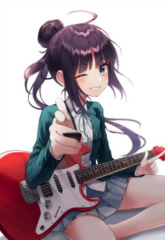 1girl ahoge black_hair blush electric_guitar green_eyes grey_skirt guitar hair_bun happy highres instrument looking_at_viewer myung_yi one_eye_closed original pointing pointing_at_viewer school_uniform serafuku single_hair_bun sitting skirt smile solo bad_tag white_background wink