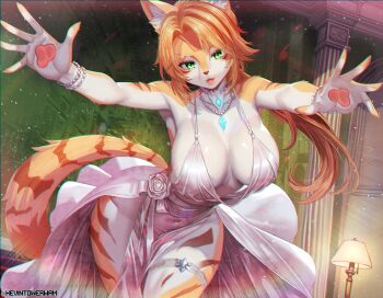 1girl absurdres animal_ear_fluff animal_ears bare_shoulders blue_gem body_fur bracelet breasts cat_ears cat_girl cat_tail commentary dress english_commentary evening_gown furry furry_female gem green_eyes highres jewelry kevin_tower lamp large_breasts looking_at_viewer multicolored_fur navel necklace open_mouth outstretched_arms pearl_bracelet pearl_necklace pulchra_fellini solo striped_fur tail white_dress yellow_fur zenless_zone_zero
