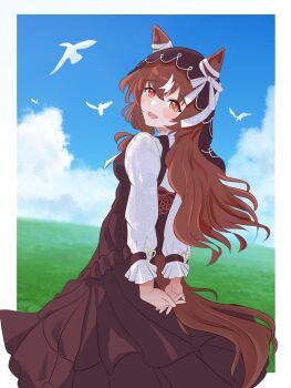 1girl animal_ears arms_behind_back bird blue_sky blush bow breasts brown_dress brown_hair brown_veil casual cloud dress ears_through_headwear grass hair_between_eyes highres horse_ears horse_girl horse_tail long_hair long_sleeves looking_at_viewer looking_back open_mouth outdoors red_eyes red_veil shirt sky small_breasts smile solo still_in_love_(casual)_(umamusume) still_in_love_(umamusume) tail umamusume veil white_bow white_shirt zenkinsen