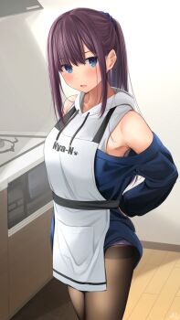 1girl apron armpits black_pantyhose blue_eyes blue_scrunchie blue_shirt collarbone hair_ornament hair_scrunchie highres indoors kitchen kitchen_hood long_hair long_sleeves looking_at_viewer maid-chan_(ramchi) mole mole_under_eye off-shoulder_shirt off_shoulder original panties panties_under_pantyhose pantyhose parted_lips ponytail purple_hair purple_panties ramchi scrunchie shirt sidelocks solo standing stove swept_bangs thighband_pantyhose tying_apron underwear