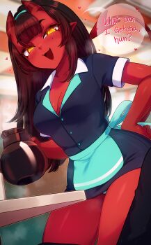 1girl apron black_hair blunt_bangs breasts cleavage coffee_pot colored_skin demon_girl demon_tail dutch_angle english_text freckles hair_between_horns highres horns leaning_forward long_hair looking_at_viewer medium_breasts meruccubus_(merunyaa) merunyaa mole mole_under_eye oni open_mouth original panties pointy_ears red_oni red_skin red_tail skin-covered_horns solo speech_bubble tail underwear waist_apron waitress yellow_eyes