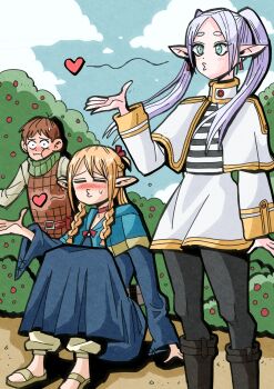 1boy 2girls absurdres blowing_kiss blue_capelet blue_robe blush boots capelet chilchuck_tims choker crossover cut_bangs dungeon_meshi earrings elf embarrassed frieren frieren_blowing_a_kiss hair_around_ear halfling hansoom_(latebirdwakeup) heart highres jewelry marcille_donato multiple_girls pantyhose pointy_ears robe short_hair sousou_no_frieren twintails