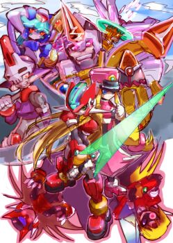 1other 2girls 4boys armor artist_request assault_visor biometal black_bodysuit blonde_hair blue_eyes blue_hair bodysuit coat energy_sword eye_trail girouette_(mega_man) glowing glowing_eyes green_eyes green_hair hat helmet heterochromia holding holding_scythe holding_sword holding_weapon light_trail long_hair mega_man_(series) mega_man_zero_(series) mega_man_zero_3 mega_man_zx model_w_(mega_man) model_z_(mega_man) model_zx_(mega_man) multiple_boys multiple_girls non-web_source omega_(mega_man) pandora_(mega_man) pink_coat prairie_(mega_man) prometheus_(mega_man) purple_armor purple_eyes purple_helmet red_armor red_eyes red_helmet scythe serpent_(mega_man) shako_cap sketch smirk source_request sword weapon white_armor white_helmet