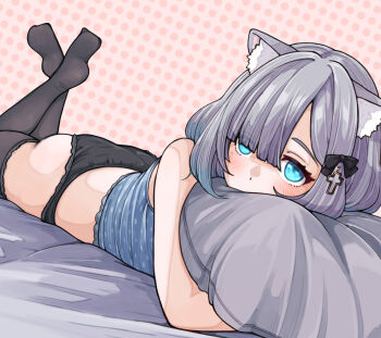 Rule 34 | bare shoulders, black panties, black thighhighs, blue eyes, crop top, cushion, elphelt valentine, grey hair, guilty gear, guilty gear strive, highres, looking at viewer, lying, medium hair, midriff, on bed, on stomach, panties, sugajyun, thighhighs, underwear, zettai ryouiki
