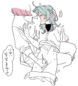 2girls amaori_renako blue_hair blush breast_sucking breasts closed_eyes commentary_request dayama fingernails from_above futa_with_female futanari grabbing_another's_breast groping hand_up handjob koyanagi_kaho multiple_girls nursing_handjob partially_colored pink_hair simple_background sitting speech_bubble translation_request watashi_ga_koibito_ni_nareru_wake_naijan_murimuri! white_background