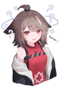 1girl :d absurdres aenga_1011 animal_ears arknights bandaid bandaid_on_shoulder bare_shoulders black_coat blush breasts brown_hair coat cropped_torso cutter_(arknights) dot_nose ears_down english_text fox_ears fox_girl hair_intakes hair_ornament hairpin half-closed_eye highres jewelry looking_at_viewer medium_breasts multiple_hairpins necklace off_shoulder open_clothes open_coat open_mouth pentagram_necklace red_eyes red_shirt shirt simple_background sleeveless sleeveless_shirt small_breasts smile solo sweat topknot upper_body white_background white_streaks x_hair_ornament