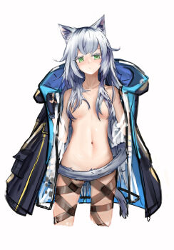 1girl andersonalac animal_ears arknights bad_id bad_pixiv_id black_coat black_gloves blush breasts cat_ears cat_girl cat_tail closed_mouth coat collarbone colored_eyelashes cropped_legs fingerless_gloves gloves green_eyes hair_censor hair_over_breasts hand_up heart heart-shaped_pupils highres infection_monitor_(arknights) long_hair looking_at_viewer naked_coat navel open_clothes open_coat rosmontis_(arknights) see-through_clothes silver_hair small_breasts solo stomach symbol-shaped_pupils tail tail_censor very_long_hair