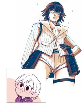 1boy 1girl beard_stubble black_hair breast_awe breast_shadow breasts dante_(devil_may_cry) devil_may_cry devil_may_cry_(series) devil_may_cry_4 facial_hair highres jacket jumpoon lady_(devil_may_cry) looking_at_breasts no_bra shadow shorts simple_background stubble sunglasses white_background white_hair white_jacket white_shorts