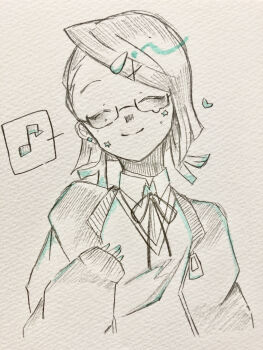 1boy absurdres alternate_costume asymmetrical_bangs blush cardigan closed_eyes closed_mouth colored_tips commentary_request cropped_torso demon_boy enmu_(kimetsu_no_yaiba) glasses greyscale hair_ornament hairclip hand_up heart highres kimetsu_no_yaiba male_focus medium_hair monochrome multicolored_hair musical_note nail_polish neck_ribbon nekosann0119 open_cardigan open_clothes rectangular_eyewear ribbon sketch sleeves_past_wrists smile solo speech_bubble split_mouth spoken_musical_note star_on_cheek sticker sticker_on_face straight-on sweater_vest symbol-shaped_pupils teardrop-framed_glasses traditional_media trap unfinished upper_body wing_collar x_hair_ornament zipper