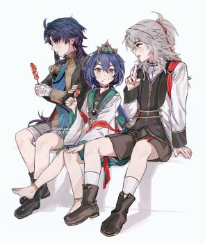 1girl 2boys aged_down alternate_costume anklet artist_name bandages barefoot black_hair black_shoes blade_(honkai:_star_rail) blue_hair chewing chinese_clothes chinese_commentary commentary_request curly_hair dress ear_piercing eating feet food food_on_face from_side grey_hair hair_between_eyes hair_ornament head_tilt headpiece holding holding_food holding_skewer holding_sword holding_weapon honkai:_star_rail honkai_(series) index_finger_raised jewelry jing_yuan long_hair long_sleeves looking_at_another looking_at_food looking_down looking_to_the_side low_twintails multiple_boys official_alternate_costume open_mouth orange_eyes pendant pepupopapa piercing red_eyes shoes shorts sitting skewer socks sword twintails weapon white_background white_socks wide_sleeves yellow_eyes yunli_(honkai:_star_rail)