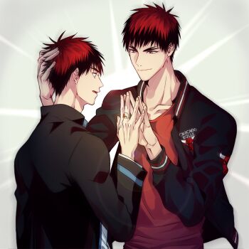 Rule 34 | 2boys, arm up, black jacket, chicago bulls, closed mouth, collarbone, commentary request, cowboy shot, crew neck, forked eyebrows, gakuran, hand on another's head, jacket, kagami taiga, kuroko no basuke, layered sleeves, male focus, multiple boys, national basketball association, open clothes, open jacket, open mouth, red eyes, red hair, red shirt, school uniform, shirt, short hair, smile, time paradox, wolfsea