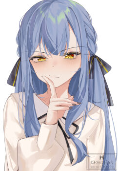 Rule 34 | 1girl, bang dream!, bang dream! it's mygo!!!!!, black ribbon, blue hair, closed mouth, commentary, english commentary, grey nails, hair ribbon, hand on own cheek, hand on own face, highres, kebohan, long hair, nail polish, neck ribbon, ribbon, shirt, sidelocks, simple background, solo, togawa sakiko, upper body, watermark, watermark grid, white background, white shirt, yellow eyes