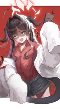 +++ +_+ 1girl absurdres ahoge backlighting black_shorts blue_archive brown_eyes brown_hair coat collared_shirt commentary cowboy_shot crossed_bangs demon_girl demon_horns demon_tail dress_shirt dutch_angle evil_smile fang film_grain flat_chest hair_between_eyes hair_intakes halo hand_up highres holding_detonator horns huge_ahoge kasumi_(blue_archive) korean_commentary lab_coat lazy_jeyuk_bokkeum letterboxed long_hair looking_at_viewer open_clothes open_coat open_mouth red_background red_shirt shaded_face shirt shorts sidelocks simple_background skin_fang sleeves_past_fingers sleeves_past_wrists smile smug solo tail twitter_username v-shaped_eyebrows very_long_hair white_halo