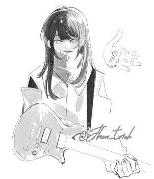 1girl aoki_hina bang_dream! bang_dream!_it&#039;s_mygo!!!!! bird cat commentary_request greyscale guitar highres holding holding_guitar holding_instrument instrument jhon_trick kaname_raana long_hair looking_at_viewer monochrome raana_the_cat simple_background solo twitter_username voice_actor voice_actor_connection white_background