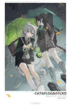 2girls :o alternate_costume animal_ears arknights bad_link bag black_socks blacknight_(arknights) blazer cat_ears character_name collared_shirt english_text expressionless green_vest grey_hair guitar_case highres holding holding_umbrella instrument_case jacket kazemaru_(arknights) lily_pad miniskirt multiple_girls open_clothes plaid_clothes plaid_skirt pleated_skirt purple_eyes rain reflection reflective_liquid school_uniform shirt skirt socks umbrella vest water watermark weibo_watermark wenquangua white_socks
