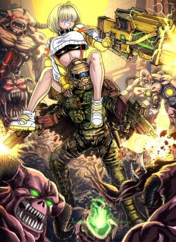 1boy 1girl ahoge arm_cannon armor assault_rifle baron_of_hell battle big_mouth blonde_hair boomstick_(nikke) breasts brown_gloves buckle carrying commentary commission cropped_sweater crossover cyberdemon cyborg demon demon_horns doom_(series) doom_ii doomguy dual_wielding electricity elegg_(nikke) energy_gun english_commentary exploded_head fire firing full_body gloves goddess_of_victory:_nikke green_armor green_eyes green_fire grin gun hair_intakes hair_over_eyes helmet highres holding holding_gun holding_weapon horns imp_(doom) large_breasts long_bangs long_sleeves looking_at_viewer looking_back mancubus multicolored_hair muzzle_flash nostrils open_mouth original piggyback pinky_demon pyrokinesis red_eyes revenant_(doom) rifle sawed-off_shotgun sharp_teeth shell_casing shoes short_hair shotgun shoulder_cannon skeleton smile snap-fit_buckle sneakers solid_eyes spiked_arm spikes standing substance20 sweater teeth two-sided_gloves two-tone_hair underboob weapon white_shoes yellow_gloves