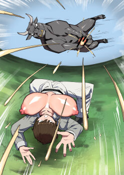 1boy 1girl bestiality breasts breasts_out brown_hair bull chinese_clothes cum dodging ejaculation fighting_stance genderswap genderswap_(mtf) highres hotsaurus huge_breasts kung_pow medium_hair mouse_(animal) projectile_cum shirt the_chosen_one_(kung_pow) what white_shirt