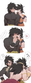 !? 2boys bara broly_(dragon_ball_super) broly_(dragon_ball_z) character_request check_character chocolate closed_eyes couple covered_abs cropped_legs dark-skinned_male dark_skin dougi dragon_ball dragon_ball_super dragon_ball_super_broly highres imminent_kiss interracial kiss kkkkkirrier large_pectorals male_focus motion_lines multiple_boys muscular muscular_male pectorals running sequential shirt short_hair son_goku speech_bubble spiked_hair surprise_kiss surprised taut_clothes taut_shirt translation_request valentine wide-eyed yaoi