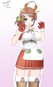 Rule 34 | 1girl, absurdres, animal ears, antlers, braid, breasts, brown hair, brown thighhighs, capelet, chougei (christmas) (kancolle), chougei (kancolle), commentary request, cowboy shot, deer ears, fake animal ears, fake antlers, frilled shirt, frills, fur-trimmed capelet, fur-trimmed gloves, fur trim, garter straps, gloves, gradient background, grey eyes, hair ornament, hair rings, hairclip, highres, horns, kantai collection, large breasts, long hair, maru (marg0613), official alternate costume, one-hour drawing challenge, pink background, pleated skirt, red capelet, red gloves, red skirt, reindeer antlers, shirt, skirt, sleeveless, sleeveless shirt, solo, standing, thighhighs, twin braids, white background, white shirt