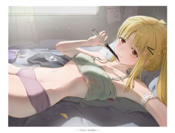 Rule 34 | 1girl, absurdres, ahoge, arm strap, armpits, artist name, blonde hair, bocchi the rock!, border, braid, breasts, brown eyes, camisole, choppy bangs, closed mouth, commentary request, crop top, fang, frilled arm strap, frills, from side, green camisole, groin, hair ornament, hairclip, hand up, highres, holding, holding knife, ijichi nijika, indoors, kessoku band t-shirt, knife, long hair, looking at viewer, looking to the side, lying, medium breasts, navel, no pants, on back, on bed, panties, purple panties, shirt, side ponytail, side ponytail with braided base, skin fang, solo, stomach, toilet chicken, underboob, underwear, unworn shirt, white border