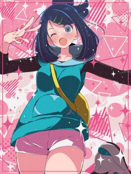 1girl bag black_hair blue_eyes blue_hair blush commentary_request cowlick eyelashes fujiwara_hiro_(kaede_ciao) hair_ornament hairclip highres hood hoodie liko_(pokemon) long_sleeves looking_at_viewer multicolored_hair nintendo one_eye_closed open_mouth pokemon pokemon_(anime) pokemon_horizons shirt shorts sleeveless smile white_shorts yellow_bag
