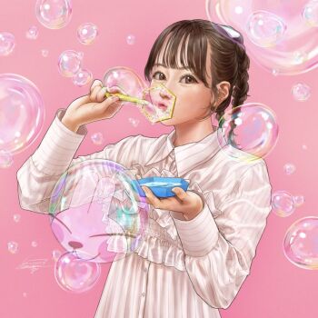 Rule 34 | 1girl, actor, artist name, blowing bubbles, braid, brown eyes, brown hair, bubble, bubble wand, buttons, collared shirt, commentary request, fingernails, frilled shirt, frills, hair ribbon, hands up, holding, holding plate, komuzuka, long sleeves, looking at viewer, medium hair, mole, mole above mouth, mole under mouth, multiple moles, nakamura yukari (voice actor), parted lips, pink background, plate, real life, ribbon, shirt, signature, simple background, solo, striped clothes, striped shirt, twin braids, twintails, upper body, vertical-striped clothes, vertical-striped shirt, white ribbon, white shirt