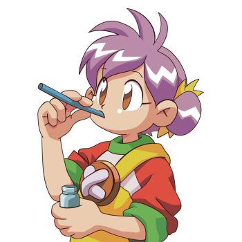 artist_request bottle brown_eyes buttons child contrast_collar drinking_straw drinking_straw_in_mouth hair_bun hair_tie holding holding_bottle holding_drinking_straw milano_(milanos_odd_job_collection) milanos_odd_job_collection official_art overalls purple_hair raglan_sleeves red_sleeves second-party_source shirt short_hair single_side_bun sleeves_rolled_up three-quarter_sleeves transparent_background upper_body white_shirt yellow_overalls