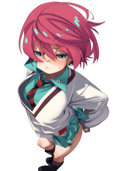 Rule 34 | 1girl, amate yuzuriha, aqua eyes, aqua shirt, aqua skirt, blush, closed mouth, commentary request, fu-ta, gundam, gundam gquuuuuux, hair between eyes, highres, long sleeves, looking at viewer, red hair, school uniform, shirt, short hair, skirt, solo, standing, sweater vest, white sweater vest