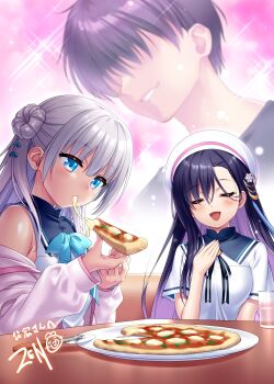 1boy 2girls :d absurdres anemoi black_hair blue_bow blue_bowtie blue_eyes blunt_bangs blush bow bowtie brother_and_sister cheese cheese_trail closed_eyes colored_inner_hair commentary_request commission dress eating expressionless eyes_visible_through_hair faceless faceless_male facing_viewer food hair_between_eyes hair_bun hand_on_own_chest hand_up hayakawa_mugi hayakawa_rikka highres holding holding_food holding_pizza jacket long_hair looking_at_food multicolored_hair multiple_girls nose open_clothes open_jacket open_mouth parted_lips pink_background pink_jacket pizza pizza_slice purple_hair second-party_source short_hair short_sleeves siblings signature simple_background single_side_bun sitting skeb_commission sleeveless sleeveless_dress sleeves_past_wrists smile sparkle story_in_commentary tsujikura_spica two-tone_hair upper_body very_long_hair white_dress white_hair zen_(kamuro)