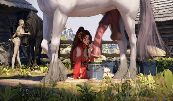 2girls absurdres animal animal_penis ass bare_shoulders bestiality body_markings breasts brown_hair bucket censored cleavage clothing_cutout cum cum_bucket cum_in_container cum_in_mouth cum_on_body cum_on_hands diathorn forehead_jewel highres horse horse_penis huge_penis large_breasts large_testicles long_hair mosaic_censoring multiple_girls on_ground original outdoors penis ponytail realistic shaved_head shoulder_cutout testicles