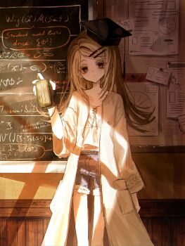 1girl absurdres arm_at_side bags_under_eyes belt blue_shorts board_eraser brown_belt brown_eyes brown_hair chalkboard classroom closed_mouth coat commentary_request cutoffs denim denim_shorts evening expressionless feet_out_of_frame gakuen_idolmaster hair_ornament hairclip hand_up hat head_tilt highres holding idolmaster indoors light_particles long_hair looking_at_viewer mortarboard note open_clothes open_coat senakira shinosawa_hiro shirt shorts solo standing swept_bangs tilted_headwear white_coat white_shirt window_shadow