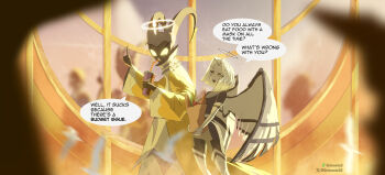 1boy 1girl absurdres adam_(hazbin_hotel) angel_wings black_dress cup disposable_cup dress elbow_gloves english_text feet_out_of_frame gloves glowing glowing_eyes grimmie02 halo hand_up hazbin_hotel hellaverse highres holding holding_cup horns long_sleeves lute_(hazbin_hotel) short_dress short_hair speech_bubble watermark white_gloves white_hair wide_sleeves wings yellow_eyes