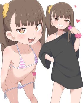 1girl bikini bikini_bottom_pull blush breasts brown_eyes brown_hair bubukka condom condom_wrapper half-closed_eyes hand_on_own_hip highres legs loli looking_at_viewer mole mole_under_eye multiple_views naughty_face navel open_mouth original pink_scrunchie pulling_own_clothes scrunchie shirt side_ponytail simple_background small_breasts smile striped_bikini striped_clothes swimsuit teasing teeth thighs tongue uri_(bubukka) urinal white_background wrist_scrunchie yariharu_uri_(bubukka)