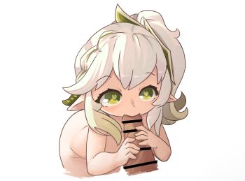 1boy 1girl bar_censor bare_arms censored cowboy_shot curly_hair disembodied_penis fellatio genshin_impact gradient_background green_eyes green_hair hair_between_eyes hands_up heart heart-shaped_pupils hetero highres kanbaki leaning_forward loli looking_up multicolored_hair nahida_(genshin_impact) nude oral penis penis_grab pointy_ears symbol-shaped_pupils two-tone_hair white_background white_hair