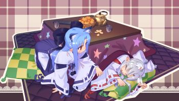 2girls absurdres all_fours animal_ear_fluff animal_ears blue_hair blush cat_girl checkered_background commentary_request controller cup cushion food from_above from_side fruit hair_ribbon hakama hakama_skirt highres japanese_clothes kagetsu_tooya kotatsu len_(tsukihime) long_hair long_sleeves multiple_girls okuribi orange_(fruit) orange_peel outline paw_pose pointy_ears remote_control ribbon saliva sidelocks skirt sleeping table tea teapot tsukihime type-moon under_kotatsu under_table white_hair white_len_(tsukihime) white_outline yunomi zabuton