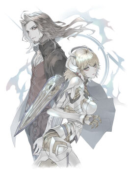1boy 1girl android beard blonde_hair brother_and_sister brown_hair coat dunban_(xenoblade) expressionless facial_hair fiora_(xenoblade) floating_hair grey_eyes highres long_hair ryokuyuu short_hair siblings xenoblade_chronicles_(series) xenoblade_chronicles_1