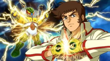 1970s_(style) black_eyes crossover jewelry koutetsu_jeeg mature_male mecha medium_hair official_art oldschool retro_artstyle robot science_fiction shiba_hiroshi super_robot_wars