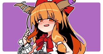 1girl :d blunt_bangs blush border bow bowtie brown_horns commentary fang hair_bow hand_up horn_ornament horn_ribbon horns ibuki_suika ini_(inunabe00) long_hair looking_at_viewer oni open_mouth orange_eyes orange_hair outline outside_border purple_background purple_ribbon red_bow red_bowtie ribbon shirt simple_background sleeveless sleeveless_shirt smile solo touhou upper_body white_border white_outline white_shirt wrist_cuffs