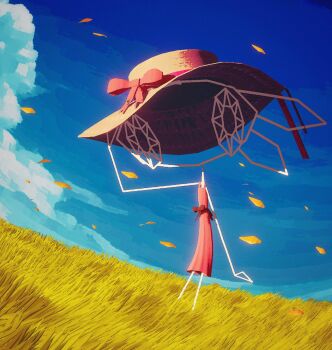 1girl blue_sky bow commentary dress english_commentary grass hand_on_headwear hat hat_bow highres hill meadow outdoors p.carredo pink_dress sky solo standing vib-ribbon vibri_(vib-ribbon) waist_bow wind wireframe